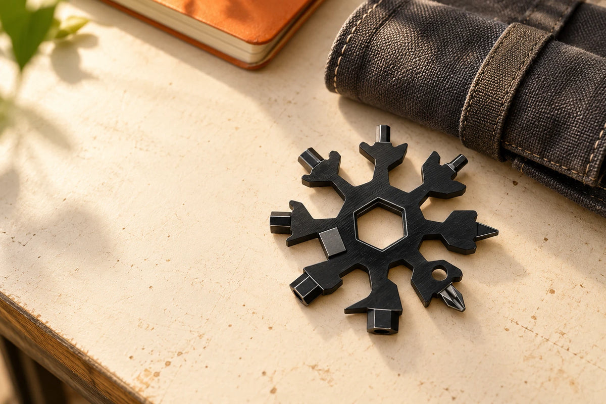 Illustrative Snowflake Multi-Tool beside a canvas pouch; props not included