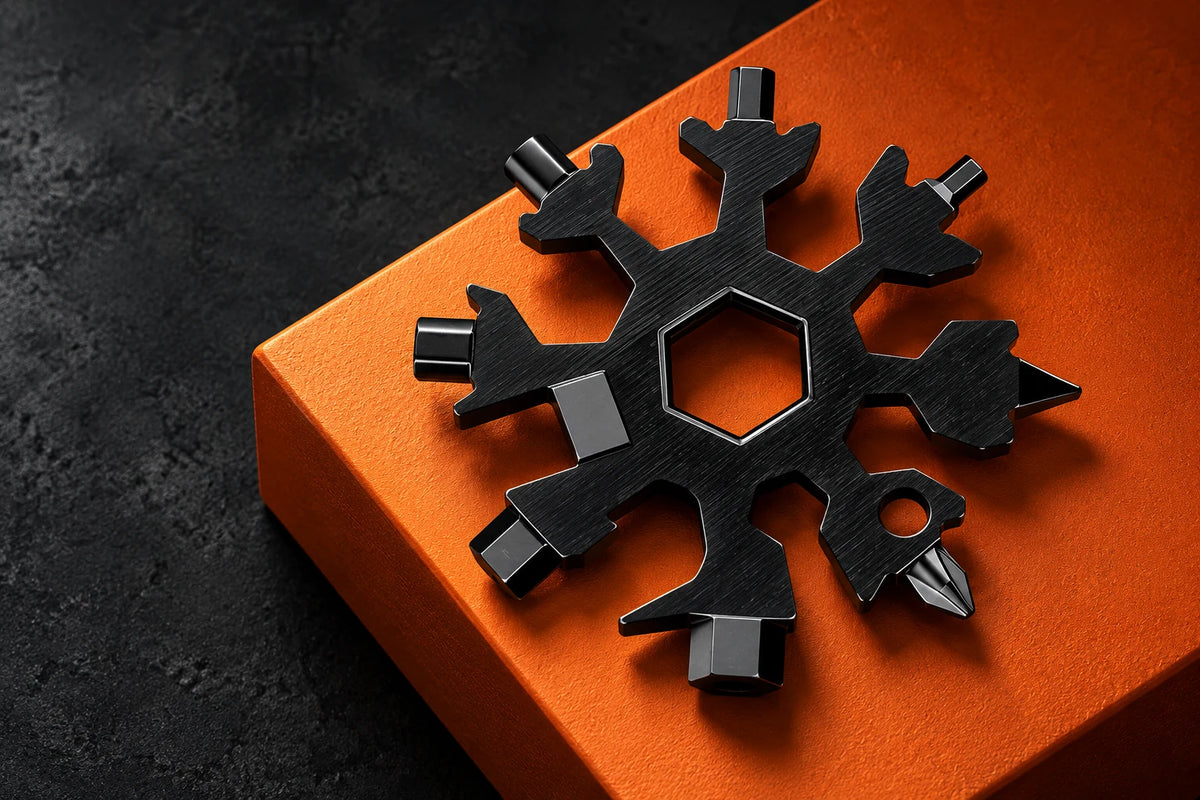 Black Snowflake Multi-Tool on an orange display block