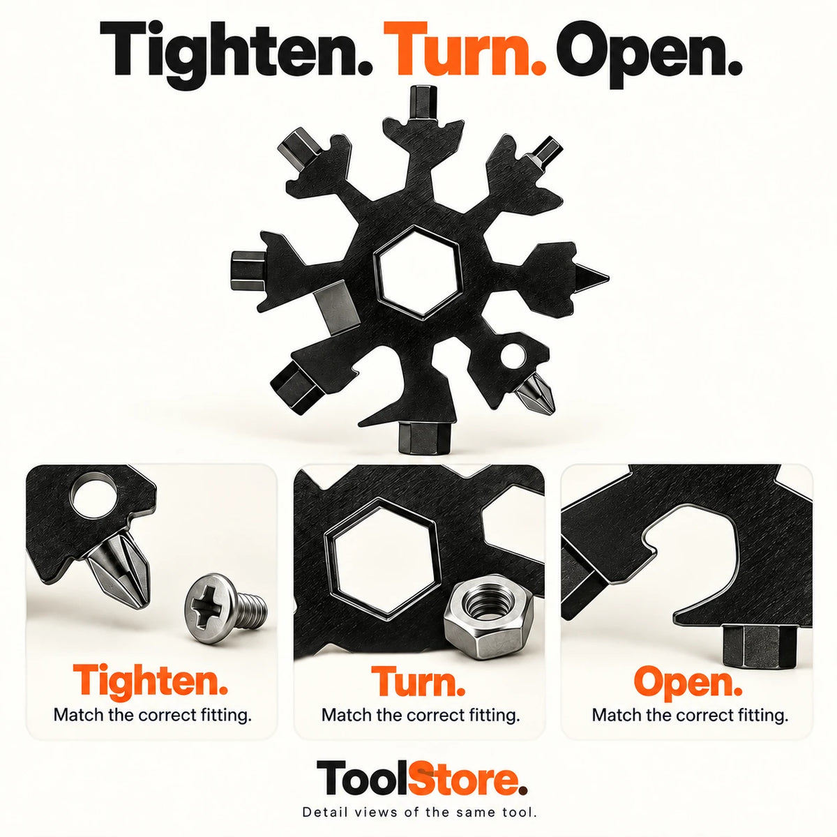 Snowflake Multi-Tool close-ups showing Phillips tip, hex opening and bottle opener notch