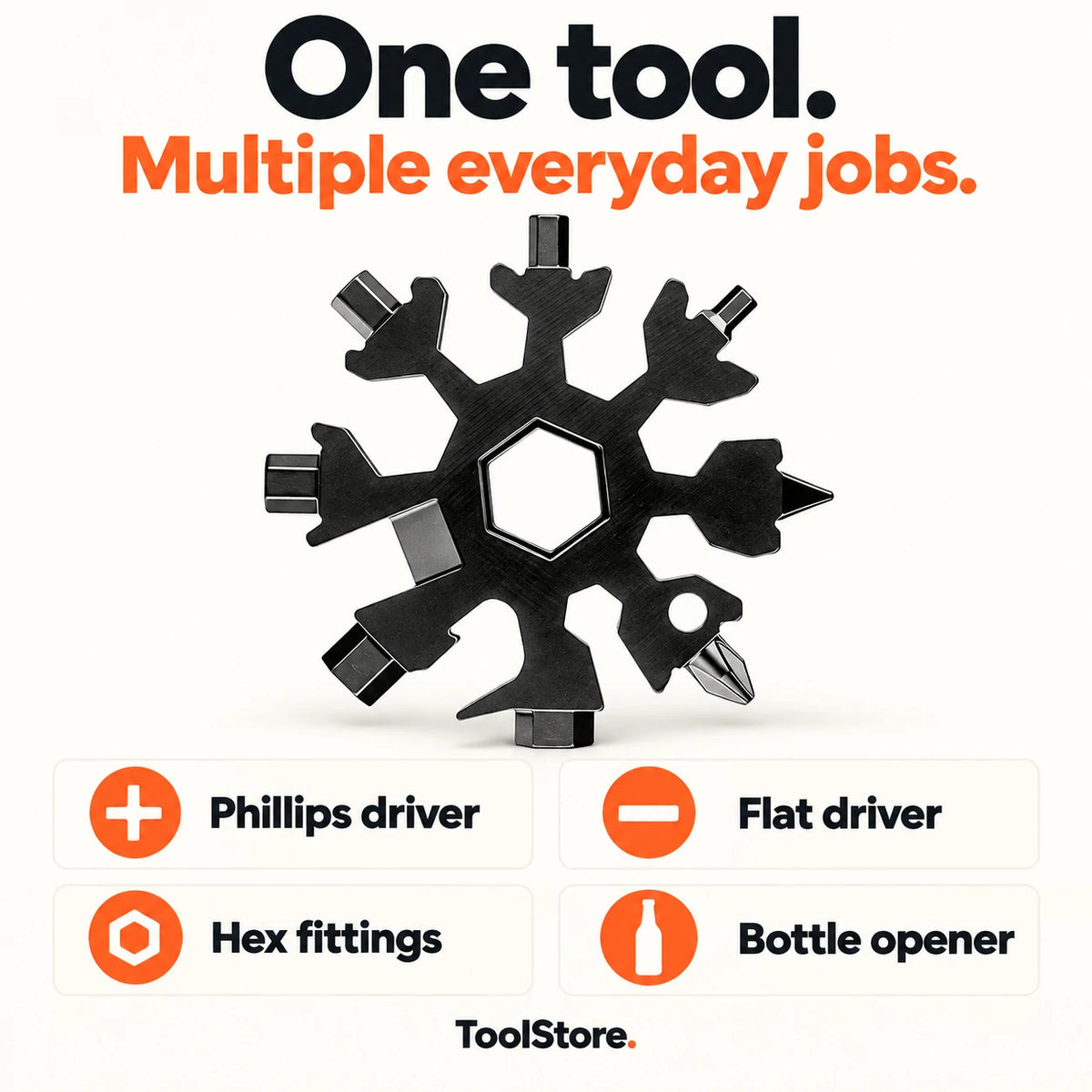 Snowflake Multi-Tool features: Phillips driver, flat driver, hex fittings and bottle opener
