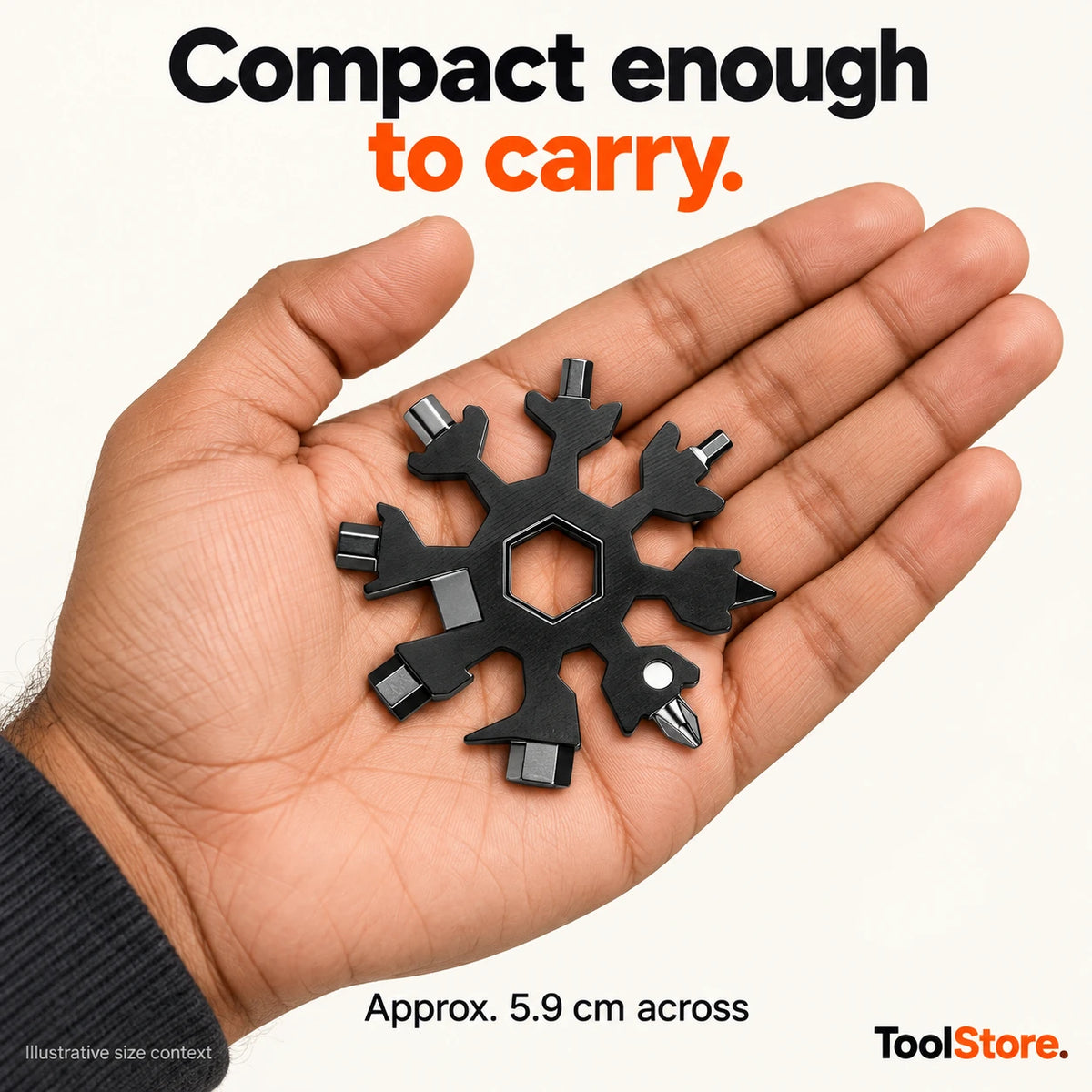 Illustrative hand-held Snowflake Multi-Tool size context, approximately 5.9 cm across